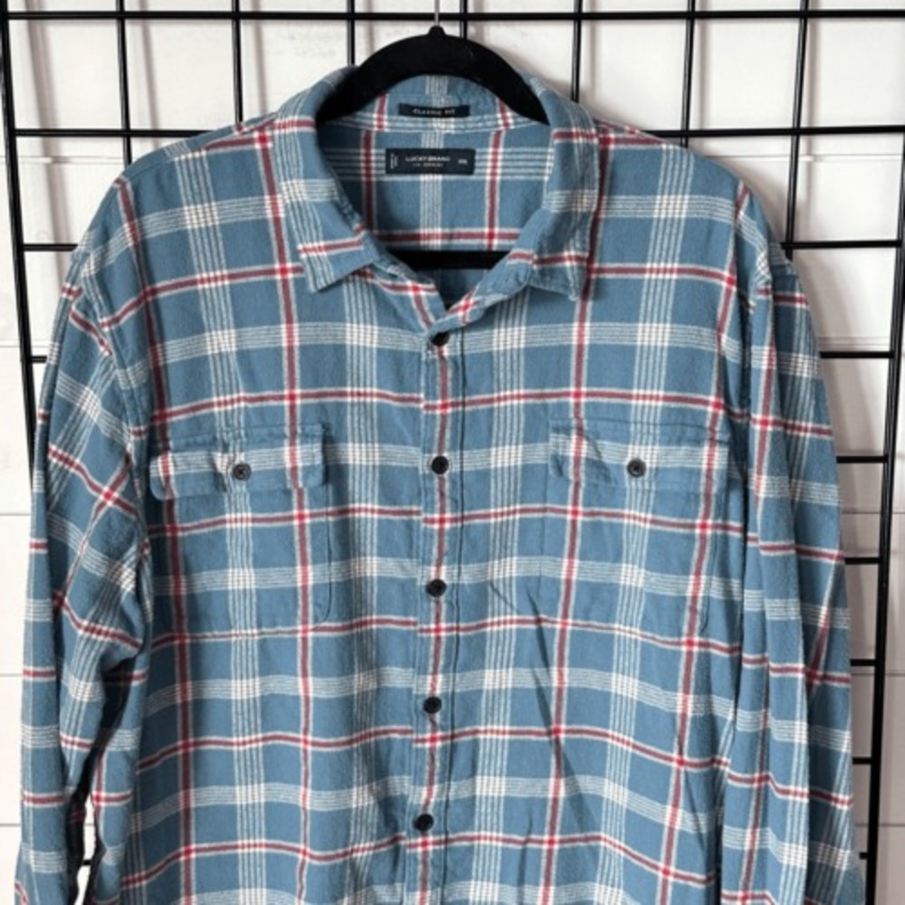 Lucky‎ Brand Plaid Flannel LS Button Up Shirt Mens XXL Blue Gorpcore Fall